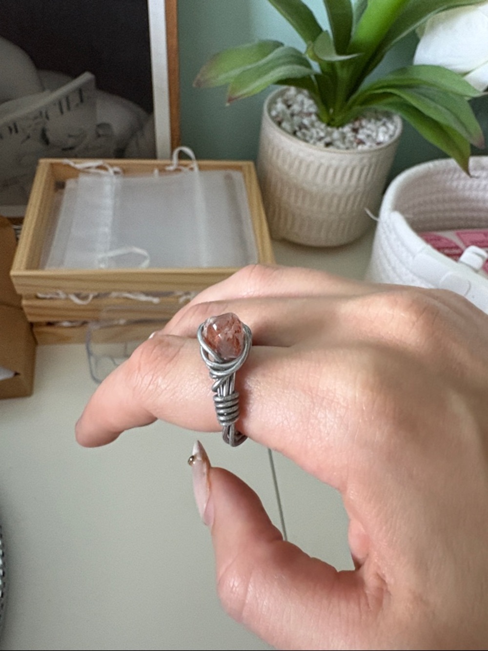 Sterling-Style Wire Wrapped Peach Stone Ring